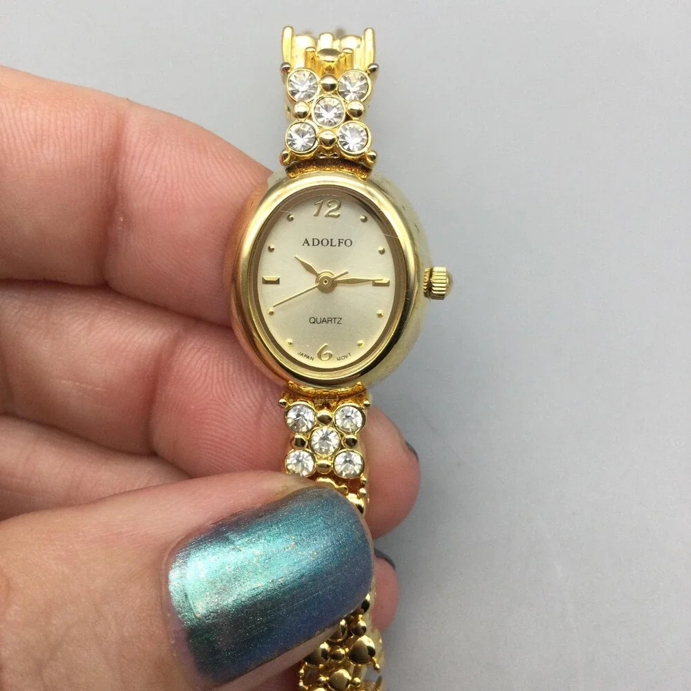 Adolfo Womens Watch 17mm Ovall Gold Tone Crystal Bracelet New Battery 6.5